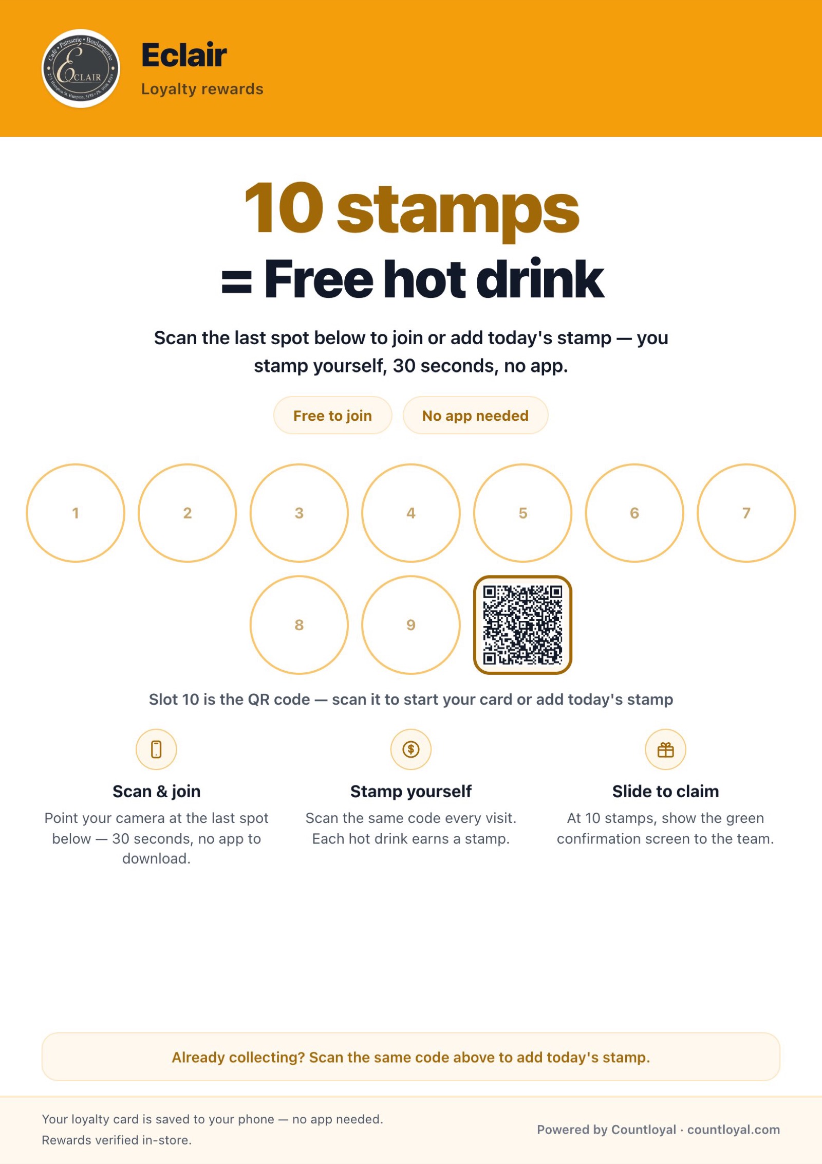 A real print-ready Countloyal QR card, shown as an A4 counter poster