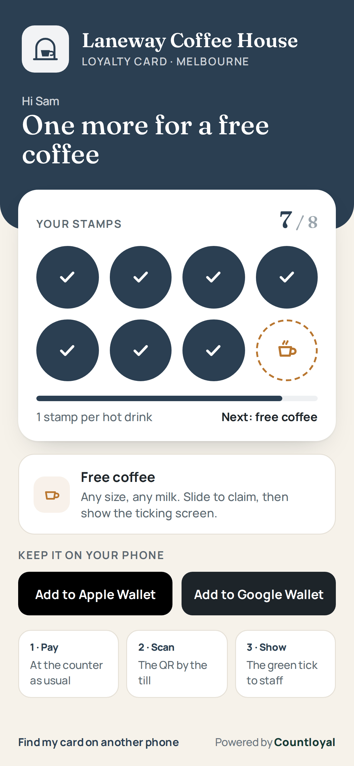 Countloyal demo loyalty card for Laneway Coffee House, showing the approved test greeting Hi Sam